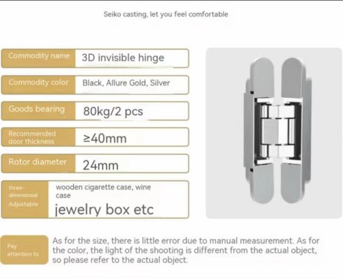 Schwerlast 80 kg Max Load Edelstahl Unsichtbares Scharnier Set 3D Unsichtbares Scharnier